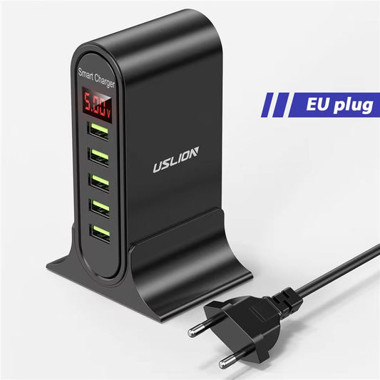 USLION 5 Port USB Charger HUB. Multi USB Charging Station. Dock Desktop Wall Home LED Display Universal New Chargers EU US UK Plug