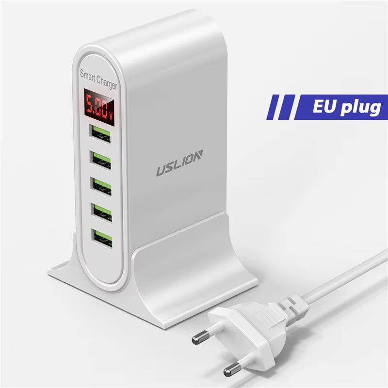 USLION 5 Port USB Charger HUB. Multi USB Charging Station. Dock Desktop Wall Home LED Display Universal New Chargers EU US UK Plug