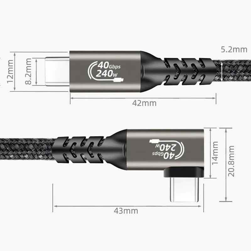 USB4.0 Thunderbolt 3/4 Elbow 90 Dgree Cable USB C to Type C Cable 40Gbp PD 240W Fast Charging Cable for Laptop Macbook Pro