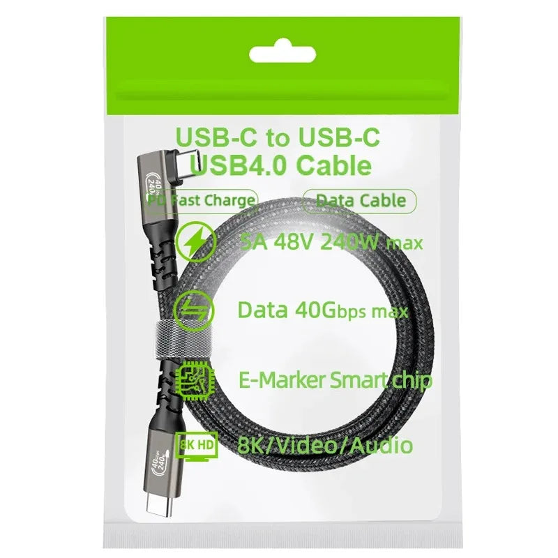 USB4.0 Thunderbolt 3/4 Elbow 90 Dgree Cable USB C to Type C Cable 40Gbp PD 240W Fast Charging Cable for Laptop Macbook Pro