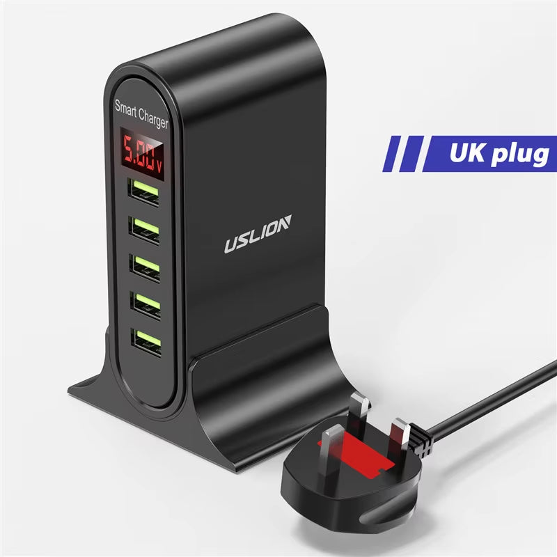 USLION 5 Port USB Charger HUB. Multi USB Charging Station. Dock Desktop Wall Home LED Display Universal New Chargers EU US UK Plug